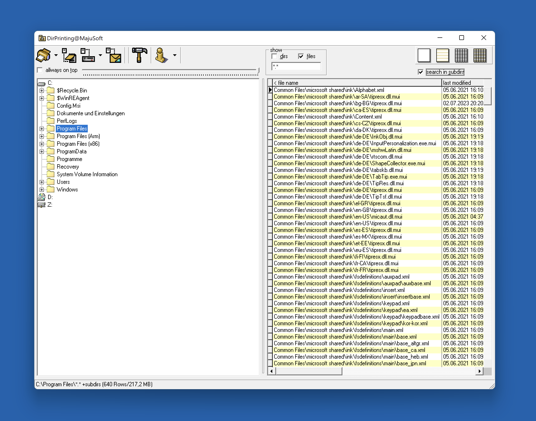 Das Hauptfenster von DirPrinting unter Windows: links ein Verzeichnisbaum mit den Laufwerken C, D und Z, rechts die Dateiliste mit Dateiname und Änderungsdatum. In der Fußzeile steht der ausgewertete Pfad mit 640 Einträgen und 217,2 MB.